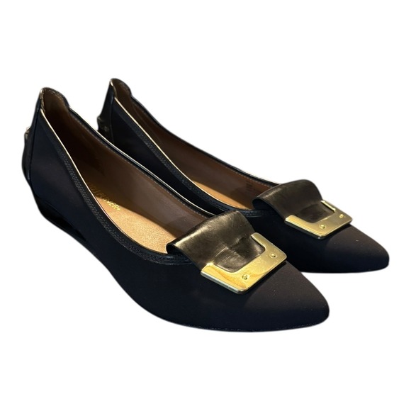 Donald J Pliner Shoes - Donald‎ J Pliner Womens Nila Mini Wedge Flat 6.5 Black Suede Patent Gold Buckle